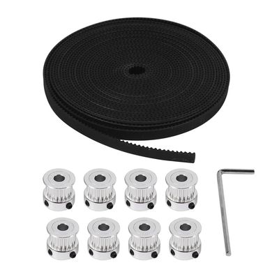 8stk 5mm 20 tænder aluminium timing remskive hjul + 5 meter gummi GT2 2mm pitch 6mm bred tandrem f blacksilver