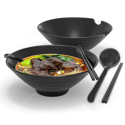 Ramen Bowl Set 6-delt ramenbollesett med 1000 ml fyllingsmengde - tradisjonelt japansk servisesett med spisepinner og skje i svart B