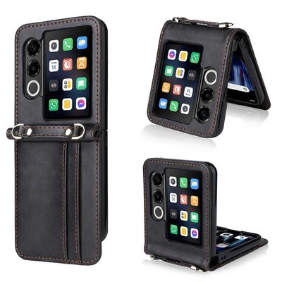 ZTE nubia Flip2 5G Kotelo Korttipaikat Nahkainen Puhelimen Kansi Kaulanauhalla - Musta