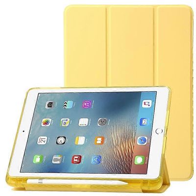 Trifold Stand Tablet Case Yhteensopiva iPad Air (2013) / Air 2 / iPad 9,7 tuuman (2017) / (2018) PU-nahka + kirkas akryylikansi Keltainen