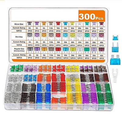 300 Piece Automotive Fuse Assortment Kit, 160 Micro Automotive sikringer + 90 Standard Automotive sikringer + 50 mikrosikringer + sikring Puller