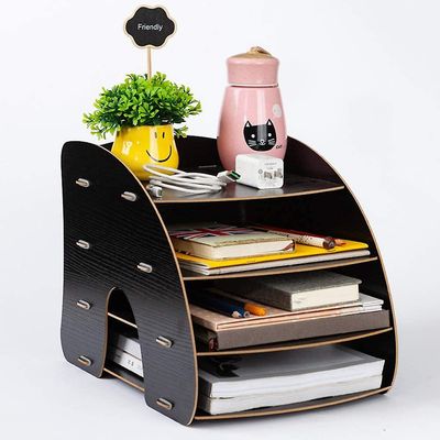 Linkrunning Træ skrivebord arrangør DIY kontor opbevaring sæt 4 rum fil bin multifunktionelle dokument sag fil sortering bog avis magasiner A4 kass...