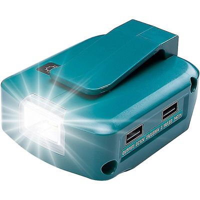 makita 14-18v litiumioniakku virtalähde usb-puhelinlaturin sovitin - kaksi usb-porttia, 12V DC-portti, 3W LED-taskulamppu