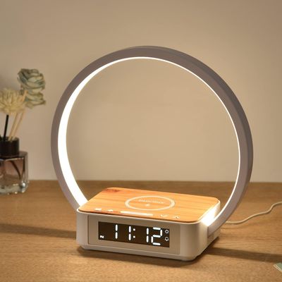Led nattbordslampe med ladefunksjon, bordlampe vekkelys vekkerklokke berøringskontroll dimbar, 5w trådløs lader bordlampe for soverommet Livin