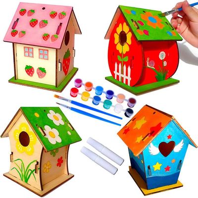 Baicccf DIY Bird House Kit til børn-4pack Nyt design Byg og mal Fuglehus håndværk til børn, træprojekt til piger drenge.