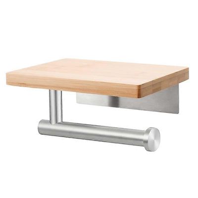 WC-paperipidike puuhyllyllä, puinen seinäkiinnitys pehmopaperirullapidike, harjattu nikkeli ruostumattomasta teräksestä valmistetut kylpyhuonetarvi...