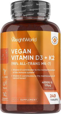 WeightWorld Vit D3 4000IU & K2 125μg - 240 helposti nieltävää tablettia (8 kuukautta)