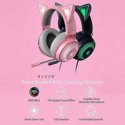 Razer Kraken Kitty Gaming TNX 7.1 Surround Sound -kuulokkeet aktiivisella melunvaimennusmikrofonilla 50 mm ohjainyksikkö musta