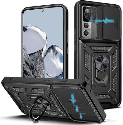 Panssari raskas kotelo yhteensopiva Xiaomi 12T / 12T Pro rengasjalustakameralla liukuva suoja Kansi-yyc Musta