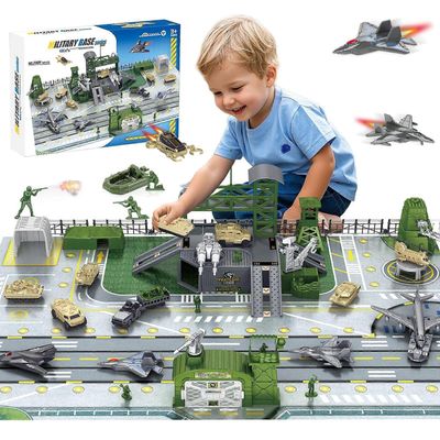 Lasten armeijan lelusetti sotilastukikohtaan, jossa on toimintahahmoja, panssarivaunuja, lentokoneita, helikoptereita, kartta, sotilaita ja tarvikk...