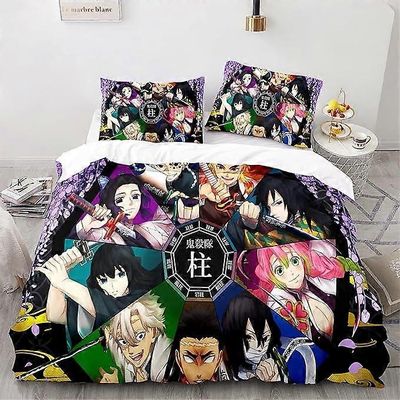 v5067 Lakanat Vuodevaatteet Demon _ Slayer 3 kpl Comfort Setti, jossa 2 tyynyliinaa, Demon_Slayer vuodevaatteet Lakanasetti lapsille aikuisille, ko...