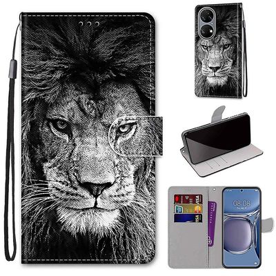Foxdock Sag til Huawei P50 Creative Mønster Tui magnetisk kort holder tegnebog - Lion