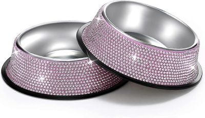 Strassi ruostumattomasta teräksestä valmistettu lemmikkikulho, kiiltävä timanttikoristeltu syöttölaite koirille ja kissoille