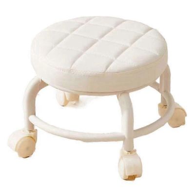 PU-nahkainen pyöreä jakkara pyörillä, vedenpitävä, pyörillä varustettu hihnapyörätuoli, käytännöllinen matala istuin, kuntoilu valkoinen