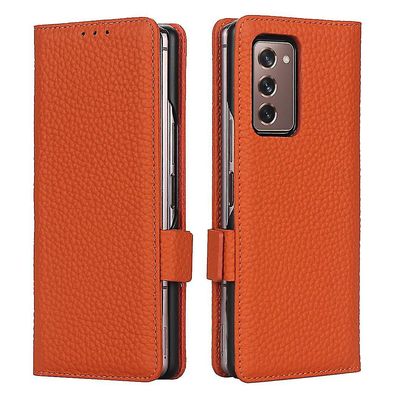 Samsung Galaxy Fold 2 musta iskunkestävä puhelinkotelo korttipaikan lompakkoon Oranssi