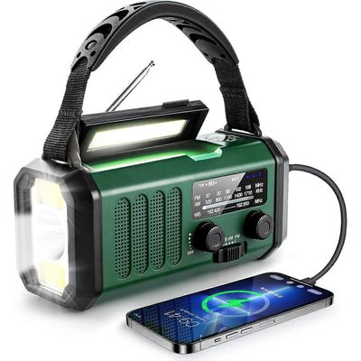 Hätäradio, 10000mAh akku, NOAA/AM/FM-radio, kampidynamo, aurinkoenergia, USB Type-C -lataus, taskulamppu, LED-lukuvalo, SOS-hälytys, kompassi retke...