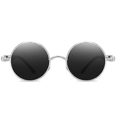 Steampunk solbriller Vintage Retro Mænd Kvinder Circle Cyberpunk Briller Sølvramme grå linser