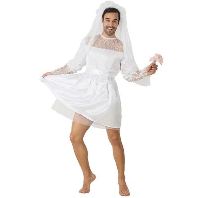 Mens Brudekjole Funny Male White Bride Costume Nyhet Halloween Fancy Dress Hjort Do Hen Night Party Outift