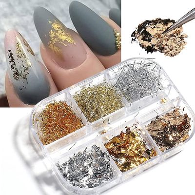 Linkrunning Nail Art Foil Flakes 6Grids Nail Art Supplies Aluminiumsfolie Flake Metallic Guld Sølv Nail Paillette Holografisk Nail Foil Glitters 3D...
