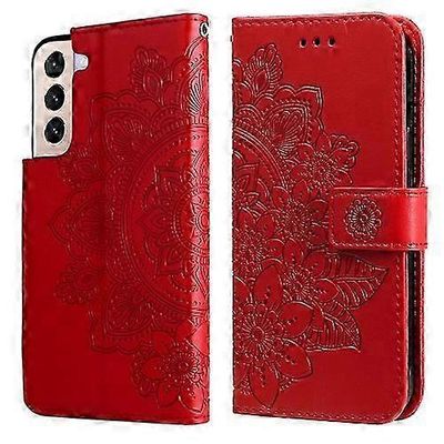Samsung Galaxy S22+ / S22 Plus 5G 7-terälehti kukat kohokuvioitu läppä nahkainen puhelinkotelo pidikkeellä ja korttipaikoilla 0619 Punainen
