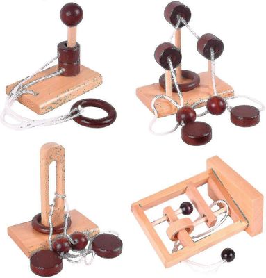 4kpl Classic Wooden Rope Puzzle Set Ring Puzzles String Solution Brain Teaser Bl