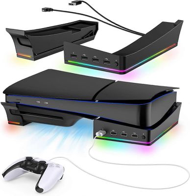 Unbrand PS5 ohut vaakajalusta, RGB-vaakajalusta Yhteensopiva Playstation 5: n kanssa Ohut levy ja digitaalinen, 14 valotilaa ja 4 USB-keskitintä Musta