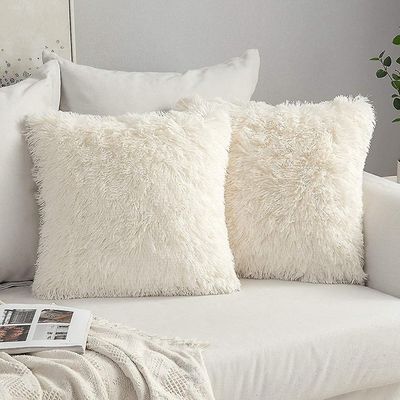 2 stykke sæt fluffy imiteret pels pude blød pudebetræk 43x43 cm creme hvid