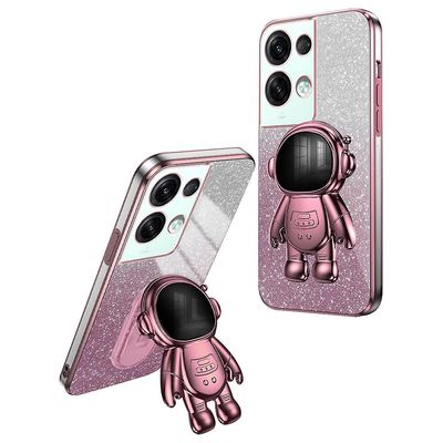 Oppo Reno8 Pro + 5G (globaali versio) -koteloille jalusta PC + TPU-kuoren galvanointi puhelimen suoja Vaaleanpunainen Oppo Reno8 Pro+ 5G (Global Ver