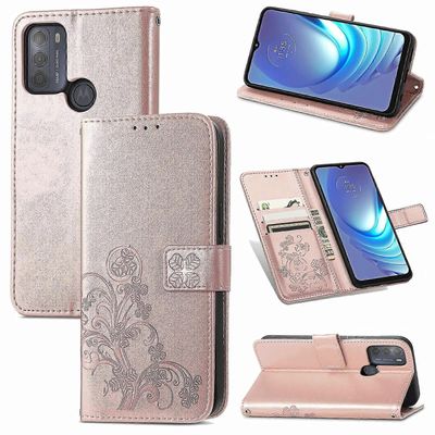 Nahkakotelo neljällä lehdellä Motorola Moto G50:lle Ruusu kullan