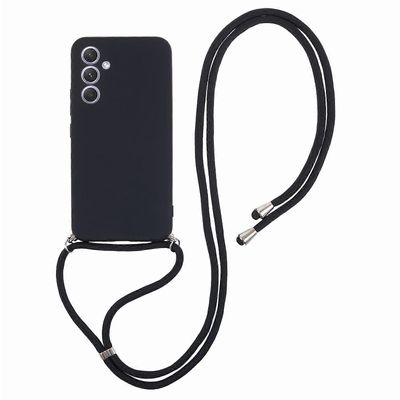 Samsung Galaxy A14 5G -kotelolle kuituvuori kumitettu TPU-kansi pitkällä kaulanauhalla Musta
