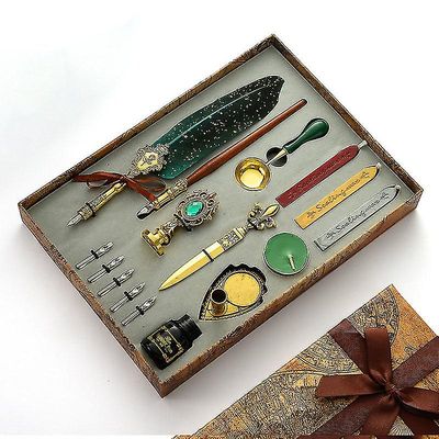 Vintage Feather Dip Pen Skrive Blekk Set Vintage Feather Pen Business Gave-4colors Grønn Style 2