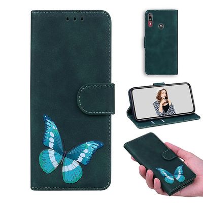 Etui til Motorola Moto E6 Plus Butterfly Cover Premium Læder Magnetisk- Pink Grøn