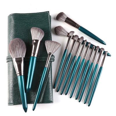 14 Grøn Cloud Makeup Brush Sæt Blødt træ håndtag Skønhed Makeup Tools Begynderens fulde sæt makeup børster Makeup Børster Grøn pensel