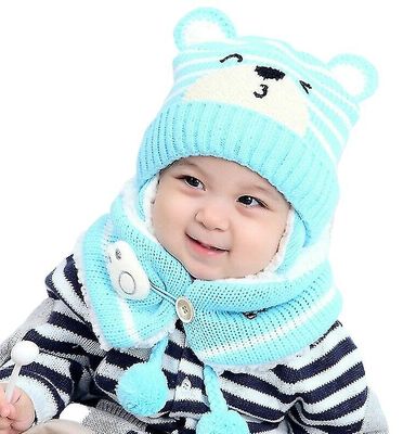 Baby Hat Bib Earmuff Sæt Bear Style Uld Strik Tørklæde Hat Winter Kids Hat blå