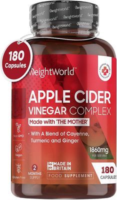 WeightWorld Äppelcidervinäger med mor 1860mg - tillsatt probiotika - 180 kapslar med äppelcidervinäger med cayennepeppar, gurkmeja och ingefärsrot