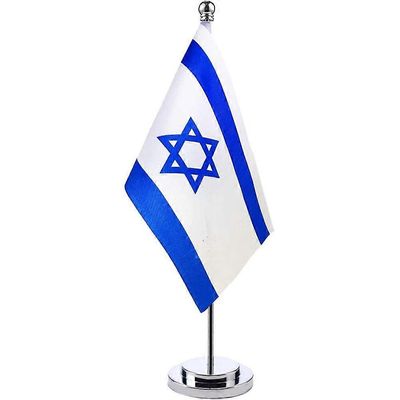 Israelin pöytälippu metallijalustalla, pieni miniatyyrilippu toimistoon, kotiin ja opiskeluun