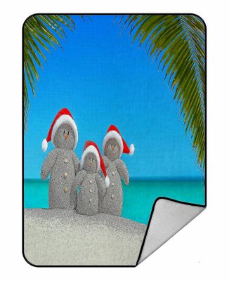 Snømenn Familie Santa Hatter På Sunny Ocean Tropical Palm Beach Fleece Teppe Fleece Tilbake Kaste Teppe 145x200 Cm