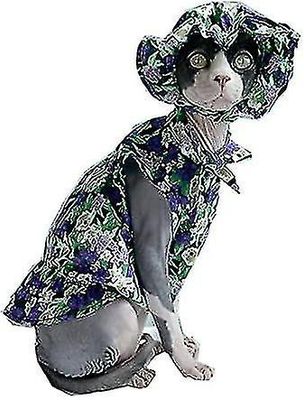 Karvaton kissa violetti kukkamekko hattusetillä, kesähihaton mekko sfinksi Cornish Rex Devon Rex Peterbald ja lyhytkarvainen tyttö kissat, breathab