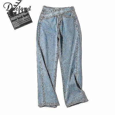 Womenins Fake Belt Jeans Knapper Lige Bukser High Street Denim Loose Blå XS