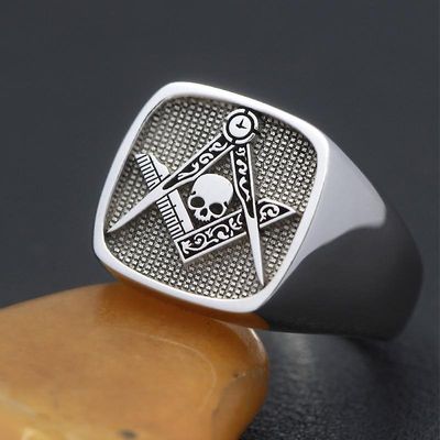 Bricks Masons Master mason signet kraniet firkantet og kompas frimurerisk ring-925 sterling sølv 12