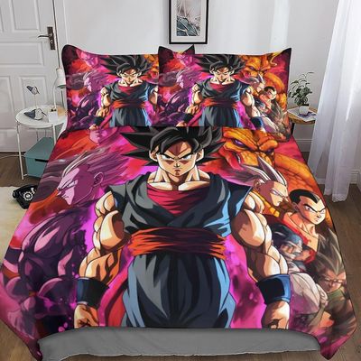 Dragon Ball Goku Premium pussilakanasetti piilotetulla vetoketjusulkimella - 3D-tulostus mikrokuituliinavaatteet, 3-osainen anime-setti tyynyliinoi...