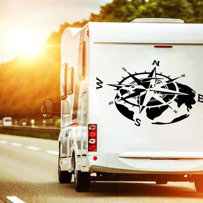 Stort kompass Verdenskart Bil Truck Sticker Dekal For Jeep Camping RV Bobil Caraven Adventure Travel Auot Hood Dør Vinyl svart 90cmwidex56cmhigh