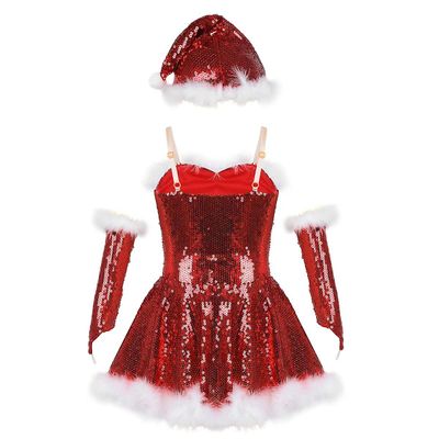 Kid Girl Christmas Santa Dance Costume Pailletter Figur Skøjteløb Rulleskøjteløb Ballet Dans Leotard Kjole med hat Arm ærmer