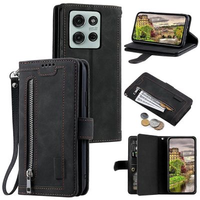 varten Motorola Moto G75 5G kotelo PU nahkainen puhelimen kansi vetoketjulompakolla 9 korttipaikkaa - musta Monivärinen Black