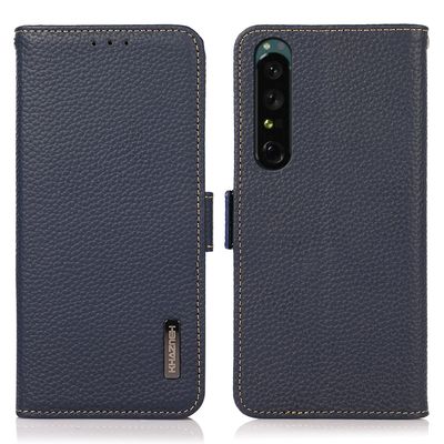 KHAZNEH Sony XPeria 1 V aitoa nahkaa oleva puhelinkotelo RFID: tä estävä naarmuuntumaton käännettävä kansijalusta lompakko Sininen