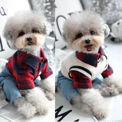 Plaid skjorte med denim bukser vest samlet til hund efterår vinter kæledyr mode tøj sæt til små mellemstore dyr Chihuahua Yorkie Rød XS