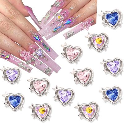 2 Pack Sølv Metal Alloy Nail Art Rhinestone Heart Shape Nail Gemstones 4 farver skinnende krystal diamant nail art tilbehør kvinder neglekunst smykker