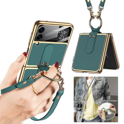 Tinor Kotelo yhteensopiva Samsung Galaxy Z Flip 3 5g rengashihnalla, kova nahkasuoja Vihreä