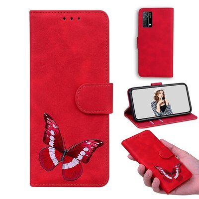 Etui til Realme Q3 Pro Carnival Butterfly Cover Premium Læder Magnetisk- Pink Rød