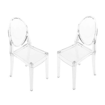 2 läpinäkyvää vuosisadan puolivälin ruokapöydän tuolia, kristallimuovimalli nukkekoteihin